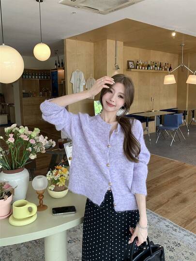 休闲宽松圆领针织开衫，韩版风格