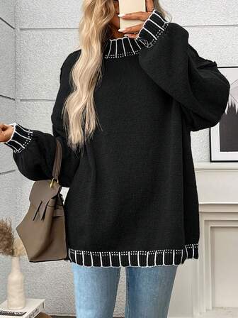 プラスサイズ カジュアル クルーネック ストライプ コントラストカラー ニットプルオーバーセーター