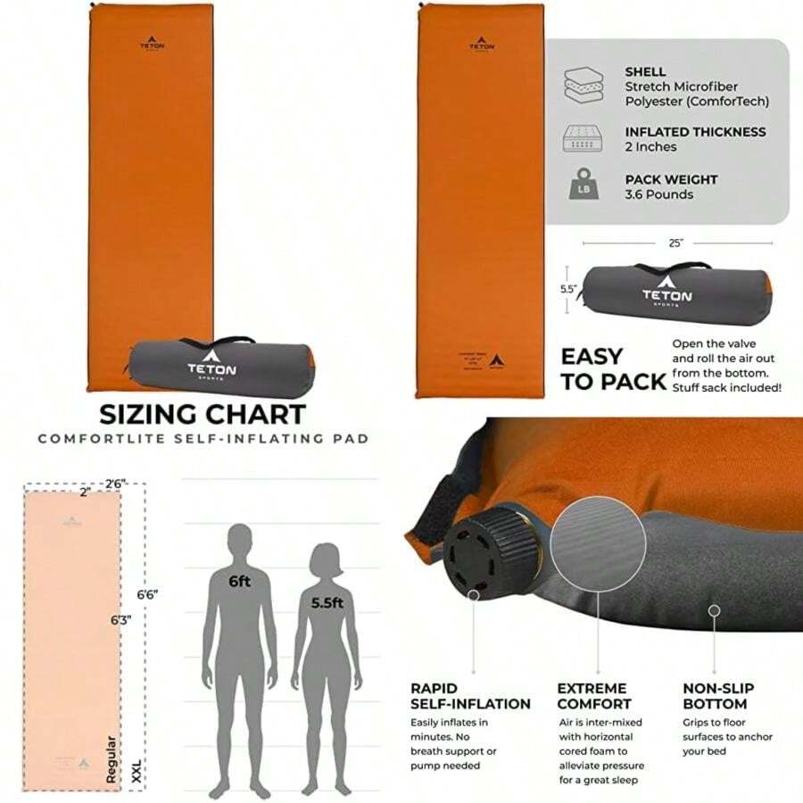 Teton - Cojín Deportivo para Dormir, para Camping, mochileros, Senderismo(Autoinflable regular Naranja) - Multicolor - Ver 1