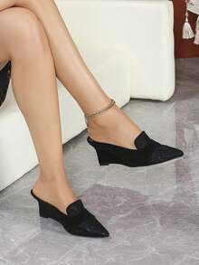 Women's Wedge Slip-On Pumps, Women's Black Deep V Lace Pointed Toe Wedge Slip-On Shoes - Black - View 1