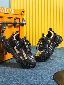 Zapatos cómodos y de moda para caminar al aire libre, estilo bohemio de vacaciones con cordones, para ir y venir, fitness, viaje, zapatillas gruesas, de punta redonda, baja, transpirable, patchwork, versátil, regalo para hombres - camuflaje negro - Ver 6