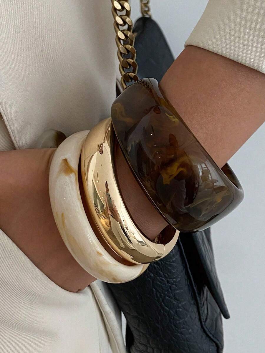 1 peça/3 peças Conjunto de Pulseira de Resina Arqueada, Luxuosa e Chique, Estilo Streetwear Adequado para Mulheres e Casais, Versátil para Feriados, Férias, Uso Diário, Pulseira de Metal Quadrada (Material e Cor Sujeitos ao Item Real)