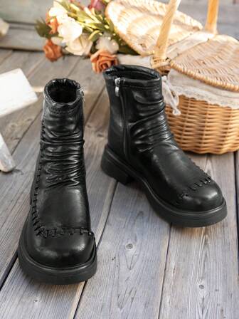 Stivali alla caviglia da donna con punta tonda e cerniera laterale, fodera calda, nuovi stivali invernali