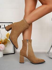 秋冬新款英伦风麂皮短靴，优雅粗跟鸭棕色短靴，复古尖头金属侧拉链靴，粗跟切尔西靴，美式中跟西部靴，时尚短筒靴 - 棕色 - 查看 9