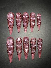 Each Set Consists Of 10 Pieces Of Handmade Acrylic Nail Plates For Y2K High Heels, With French Design And Full Diamond Decoration, Available In Pink And Nude Colors. 3 Sizes To Fit, Suitable For Parties, Dances, And Daily Wear, Comes With A Nail Kit, Making It An Ideal Press On Nails Gift For Ladies And Girls. - Multicolor - View 2