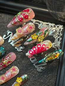10件套尖头美甲套装，手工美甲贴纸，3D立体美甲水钻钢珠配件，彩色闪亮美甲宝石，手绘花朵图案，浅粉色、红色和绿色多色扎染手绘几何图案，Y2K风格，可佩戴美甲套装，适合女性日常佩戴和派对场合（内含：一块果冻胶和一条摩擦条）美甲用品 - 玫紅色 - 查看 5