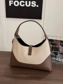 Bolso tipo dumpling con diseño de bloques de color, bolso versátil de hombro y bandolera portátil para ir y venir, bolso de mano, adecuado para el uso diario y citas casuales - Marrón - Ver 6
