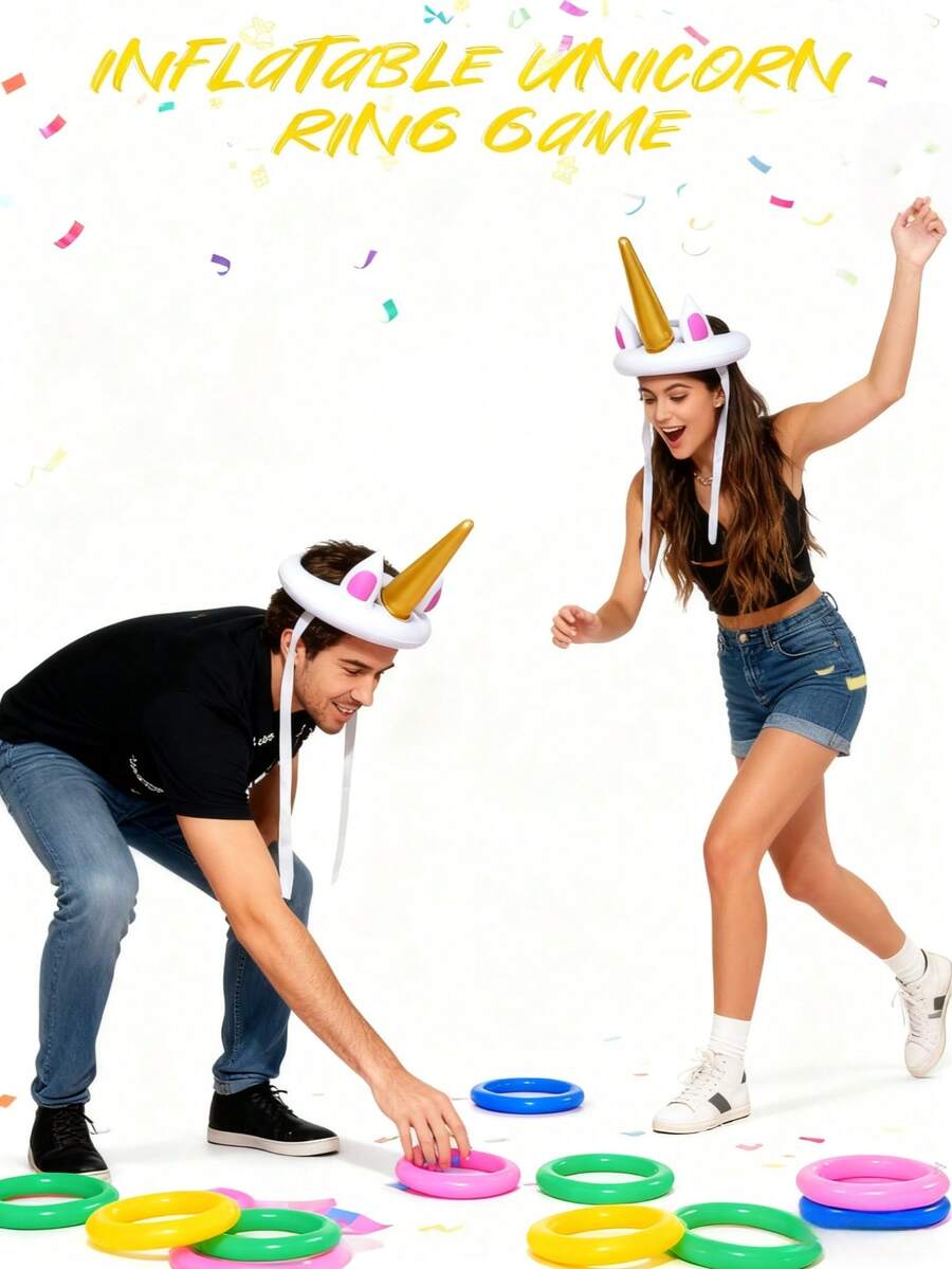 4/2/1 Set - Unicorn Theme Party Game, Inflatable Ring Toss Game Set (Unicorn & Rings), Party Game Gift, Party Decor, Adult Team Building Game, Teamwork Activity, Happy New Year 2026 Party Set
