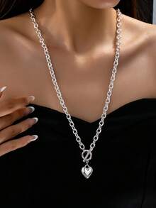 1pc Fashionable Elegant Simple & Chic Heart Pendant Necklace - Silver - View 1