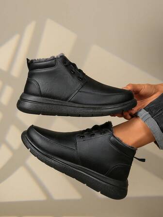 Men's Winter Warm Choice! Black Short Lace-Up Snow Boots, Soft Plush Super Comfortable