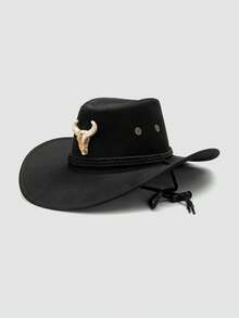 1pc Unisex Animal Bull Head Decor Hat, Wide Brim Western Style Cowboy Hat, Punk Rock Fashion, Adjustable Wind Rope Design, Suitable For Daily Wear, Concerts, Outdoor - A - View 13