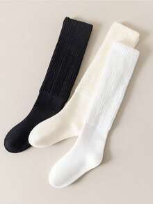 3 Pairs Women's Solid Color Socks, Casual & Versatile, Thick & Warm For Autumn/Winter, Over The Calf School Style, Cozy Socks - Multicolor - View 12