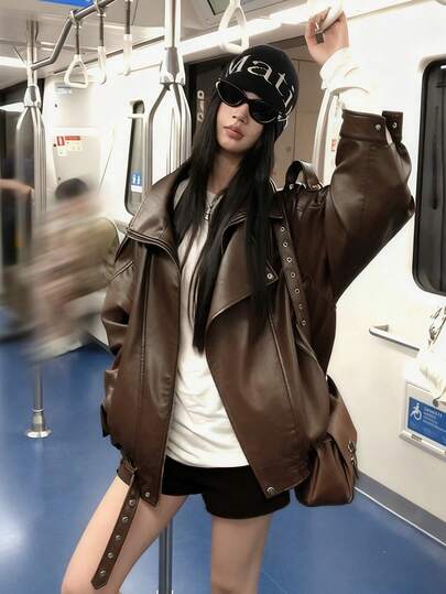 女士黑色皮夹克，新款秋季摩托车复古独特酷炫上衣