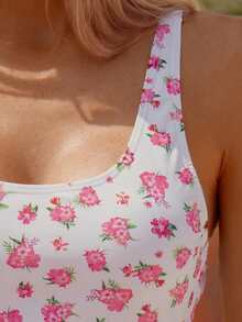 wohenmeili 女士碎花休闲连体泳衣 - 白底粉花 - 查看 5