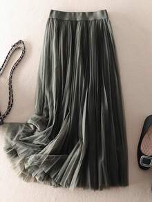 LuminousWealth Women's Elegant Pleated Mesh A-Line Skirt, Suitable For Casual Or Office Wear, Minimalist & Graceful | Polyester Mesh Skirt, Suitable For All Seasons, Great For Christmas & New Year - Màu xanh lá cây đậm - Xem 11