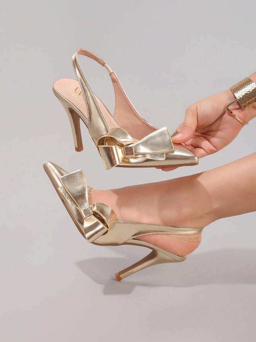 香槟色蝴蝶结高跟鞋，性感尖头派对鞋，金属光泽皮革时尚细高跟凉鞋（女士款） - 香檳色 - 查看 1