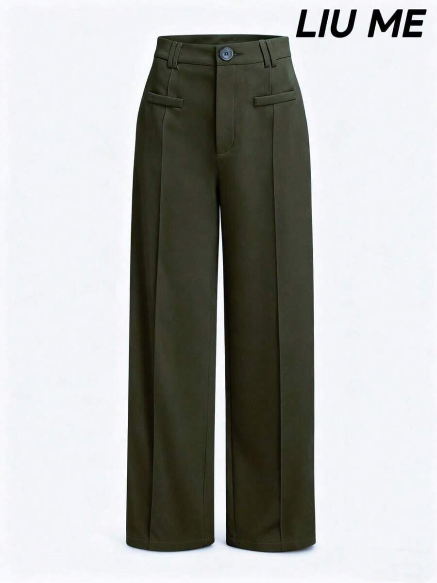 LIU ME Women's Tailored Trousers With Faux Pocket – High Waist And Wide Leg - 軍綠色 - 查看 1