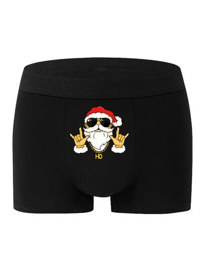 Men's Black Printed Boxer Briefs, Suitable For Vacation, Daily Wear, Also A Perfect Gift For Boyfriend Or Husband