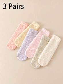 1/3 Pairs Random Color Women Crew Socks, Solid Half Plush Thickened Cute Coral Fleece Comfortable House Socks, Versatile For Sleeping, Couples, Outdoor, Parties, Goth, Back To School, Y2K, Soft And Breathable