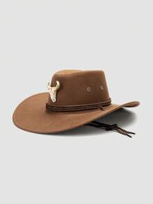 1pc Unisex Animal Bull Head Decor Hat, Wide Brim Western Style Cowboy Hat, Punk Rock Fashion, Adjustable Wind Rope Design, Suitable For Daily Wear, Concerts, Outdoor - A - View 21