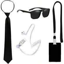 4 Piece Men's In Black Costume Set Agent Security Costume Accessories With Sunglasses Tie Card Holder Headphones Tube For Men Women Cosplay - As Pic - View 2