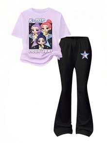 Young Girls Cartoon Print Short Sleeve T-Shirt And Skinny Flared Pants - Purple - View 3