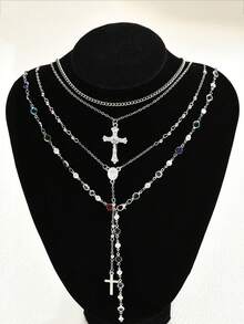 4 件 Y2K 十字架吊坠项链套装，珍珠多层项链，复古颈链，适合女士，适合派对和节日佩戴 - 彩色 - 查看 10