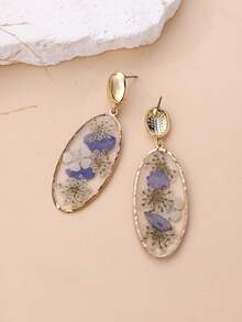 1 par de pendientes rectangulares con efecto de resina y flores secas multicolor de moda, delicados y versátiles para mujeres, adecuados para vacaciones, fiestas y uso diario. Puede haber una ligera diferencia entre la flor seca real y la imagen. - Azul neblina - Ver 7