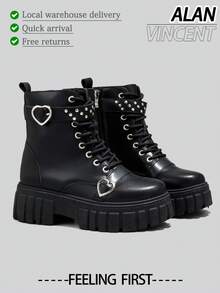 Alan Vincent[Free Returns And Exchanges][Local Delivery][Quick Arrival][Classic Boots Series]New Classic Women's Black Mid-Calf Boots Boots Easy And Comfortable To Wear Women's Platform Boots Suitable For Parties Lace-Up And Zipper Fashionable Style Women's Boots With Love Buttons Rivet Decoration - 黑色 - 查看 1