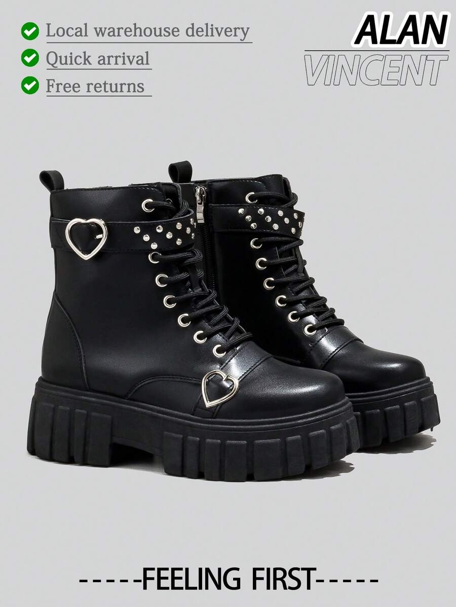 Alan Vincent[Free Returns And Exchanges][Local Delivery][Quick Arrival][Classic Boots Series]New Classic Women's Black Mid-Calf Boots Boots Easy And Comfortable To Wear Women's Platform Boots Suitable For Parties Lace-Up And Zipper Fashionable Style Women's Boots With Love Buttons Rivet Decoration - 黑色 - 查看 1