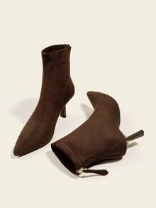 女士咖啡棕色绒面革踝靴，高跟弹力修身靴，舒适时尚高跟靴 - 棕色 - 查看 4