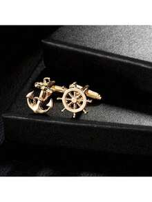 A Pair Of Retro Nautical Style Cufflinks Set, Men's Fashionable Rudder Anchor Design Set, Men's Personalized Jewelry Gifts, Shirts And Suit Accessories, Ideal Gifts For Christmas Husbands, Fathers And Boyfriends, Suitable For Daily Travel Wear - Gold - View 6