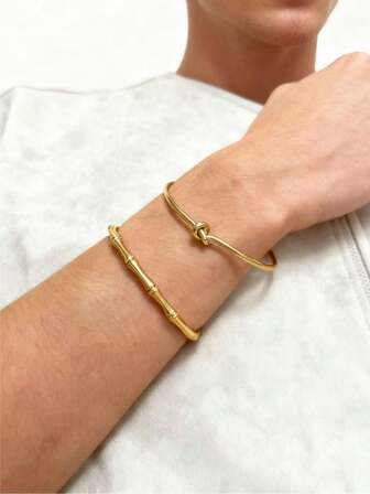 1 Set Stainless Steel Bracelets, Minimalist Knotted Rope Bracelet, Vintage Bamboo Knot Bracelet, Charming Cuff Jewelry, Can Be Worn Alone Or Stacked, High-Quality Plating, Waterproof And Fade-Resistant, Unisex Design, Suitable For Men And Women For Daily Wear Or Gift