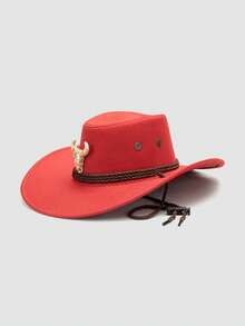 1pc Unisex Animal Bull Head Decor Hat, Wide Brim Western Style Cowboy Hat, Punk Rock Fashion, Adjustable Wind Rope Design, Suitable For Daily Wear, Concerts, Outdoor - A - View 20