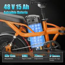 Bicicleta eléctrica plegable para adultos de 14 pulgadas: pico de 400 W, motor sin escobillas de alta velocidad, batería extraíble de 48 V 10 Ah, alcance de 45 KG, suspensión doble de dos asientos, 3 velocidades, neumáticos todoterreno, perfecto para caminatas, todoterreno, desplazamientos y regalos, estilo deportivo y componentes de alta calidad. - Naranja - Ver 5