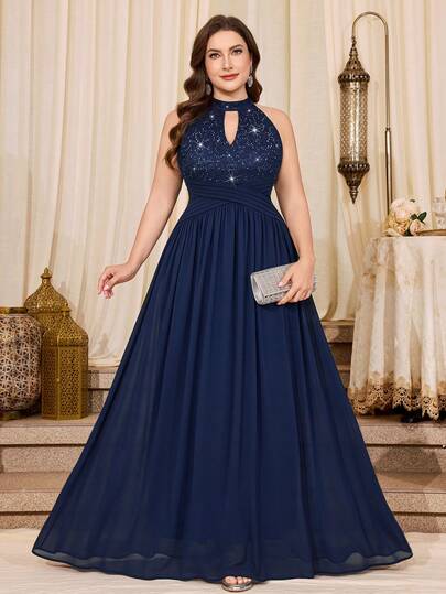 大码女士露背亮片花卉蕾丝褶皱腰部撞色挂脖雪纺正式派对礼服、舞会礼服、婚礼宾客礼服、生日、毕业典礼、晚宴礼服