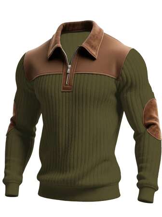 Men's Contrast Color Design Casual Stand Collar Pullover - White Ribbed Brown Splice, Thick Warm Pullover, Stand Collar Zipper Design, Suitable For Casual, Fashion, Simple, Versatile Outings And Commuting Long Sleeve Personalized Pullover