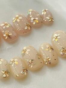 10pcs Pure Handmade Press On Nails Mid-Length Oval Nail Apricot Nails With Golden Paint-Style Flowers Pain Gentle Cute Fancy Stroble Flash Temperament For Women And Gril,Spring Summer Fall Winter,Holiday And Dailys Life Use