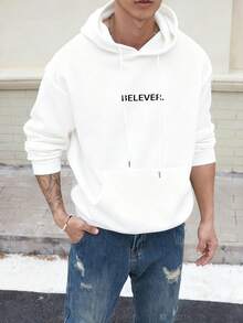 男士休闲套头连帽卫衣，Believe印花，适合运动、通勤、日常穿着，保暖内衬 - 白色 - 查看 9