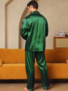 男士秋冬长袖长裤印花加大码宽松睡衣家居服套装 - 綠色 - 查看 2