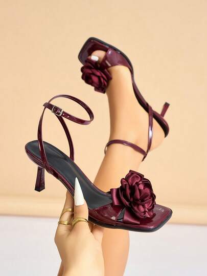 Women's High Heel Shoes, New Fashion Spring/Summer Night Club Party Outdoor Elegant Banquet Electroplated Small Kitten Heel Square Toe Cinched Waist Mule Strap Satin Red Rose; Autumn/Winter Solid Color Mirror Finish Comfortable Fabric Sexy Criss-Cross Ankle Strap Sophisticated Mature Premium Burgundy Elegant Women Shoes High Heels