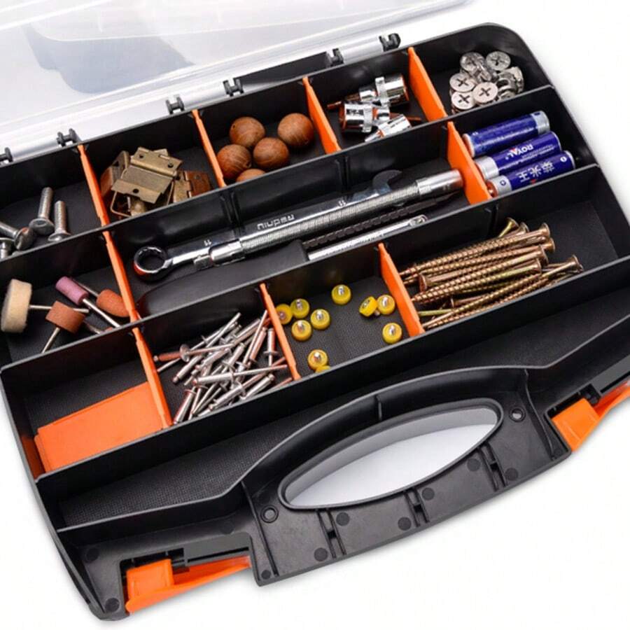 Caixa organizadora de ferramentas de plástico, com divisórias removíveis, organizador de peças com divisórias duplas, caixa para pequenos acessórios domésticos, organizador multifuncional para materiais de bricolagem (31x26x7,5cm). Divisórias duplas para separar diferentes tipos de pequenas ferramentas, parafusos, porcas, componentes eletrônicos, etc. - Cor aleatória - Ver 1
