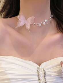1 chiếc vòng cổ choker hình bướm trắng sang trọng, đính ngọc trai giả, thích hợp cho đám cưới, đeo hàng ngày, đi nghỉ mát hoặc ngày Valentine. - Hồng - Xem 3