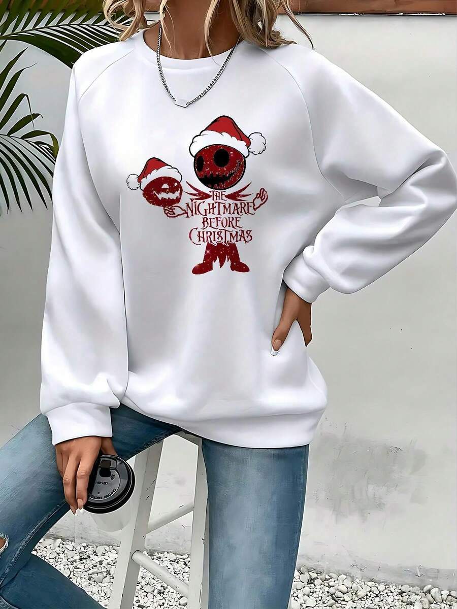 Women's Nightmare Before Christmas  & Sally Graphic Sweatshirt - Officially Licensed Crewneck Pullover, Cozy Fall Winter Casual Sweater For Halloween & Christmas Fans - 白色 - 查看 1