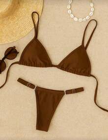 Elegant String Bikini With Adjustable Tan Lines, Summer Fashion, Beachwear, With Adjustable Triangle Top And Lined - Rỉ Nâu - Xem 3