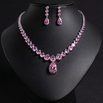 3pcs/Set Silver/Pink Women's Jewelry, Women's Necklace, Teardrop Shape, Cubic Zirconia Inlaid, High Quality, Earrings, Necklace, Jewelry Set, Suitable For Women/Bride, Festival/Party, Wedding/Banquet Wear, Women's Fashion Jewelry, Women's Jewelry Set, Gift