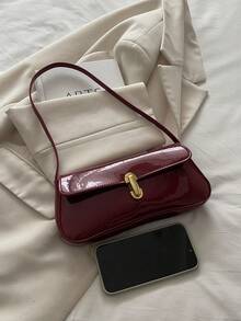 Túi đeo vai da bóng cho nữ, thích hợp đi mua sắm, hẹn hò, tiệc tùng, túi xách baguette thiết kế nắp vặn kim loại phổ biến mới năm 2025 - Đỏ - Xem 3