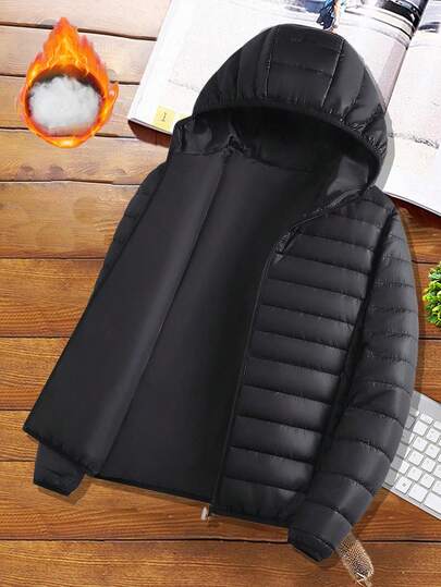 Men's Solid Color Casual Hooded Padded Coat, Simple & Versatile, Winter