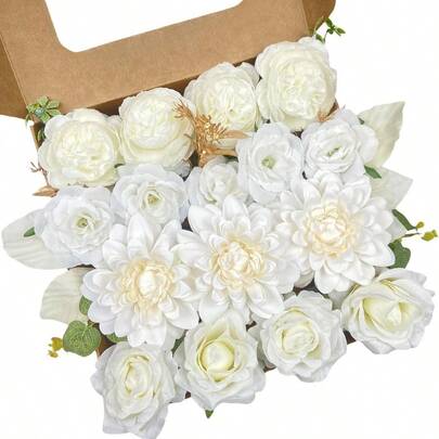 Artificial Flowers For Decoration White Silk Peony Rose Flowers For Wedding Home Indoor Table Centerpieces Baby Shower Party Bridal Bouquet Cake Topper Decor White Champagne