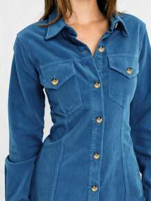 Elegant Blue Corduroy Shirt Dress, Women's Long Sleeve Button-Down Mid-Length Dress With Pockets, Casual Woven Fabric Spring - Blue - View 5